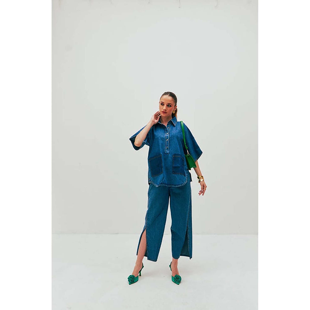 SPACE Dolla Blue Natural Cotton Pocketed Mid Length Co-Ord Set