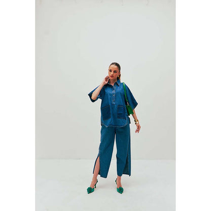 SPACE Dolla Blue Natural Cotton Pocketed Mid Length Co-Ord Set
