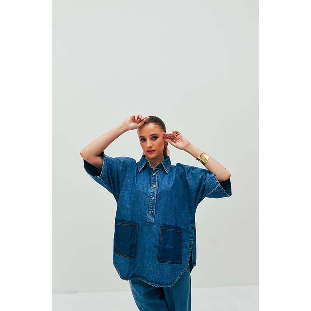 SPACE Dolla Blue Natural Cotton Pocketed Mid Length Co-Ord Set