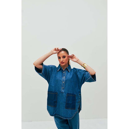SPACE Dolla Blue Natural Cotton Pocketed Mid Length Co-Ord Set