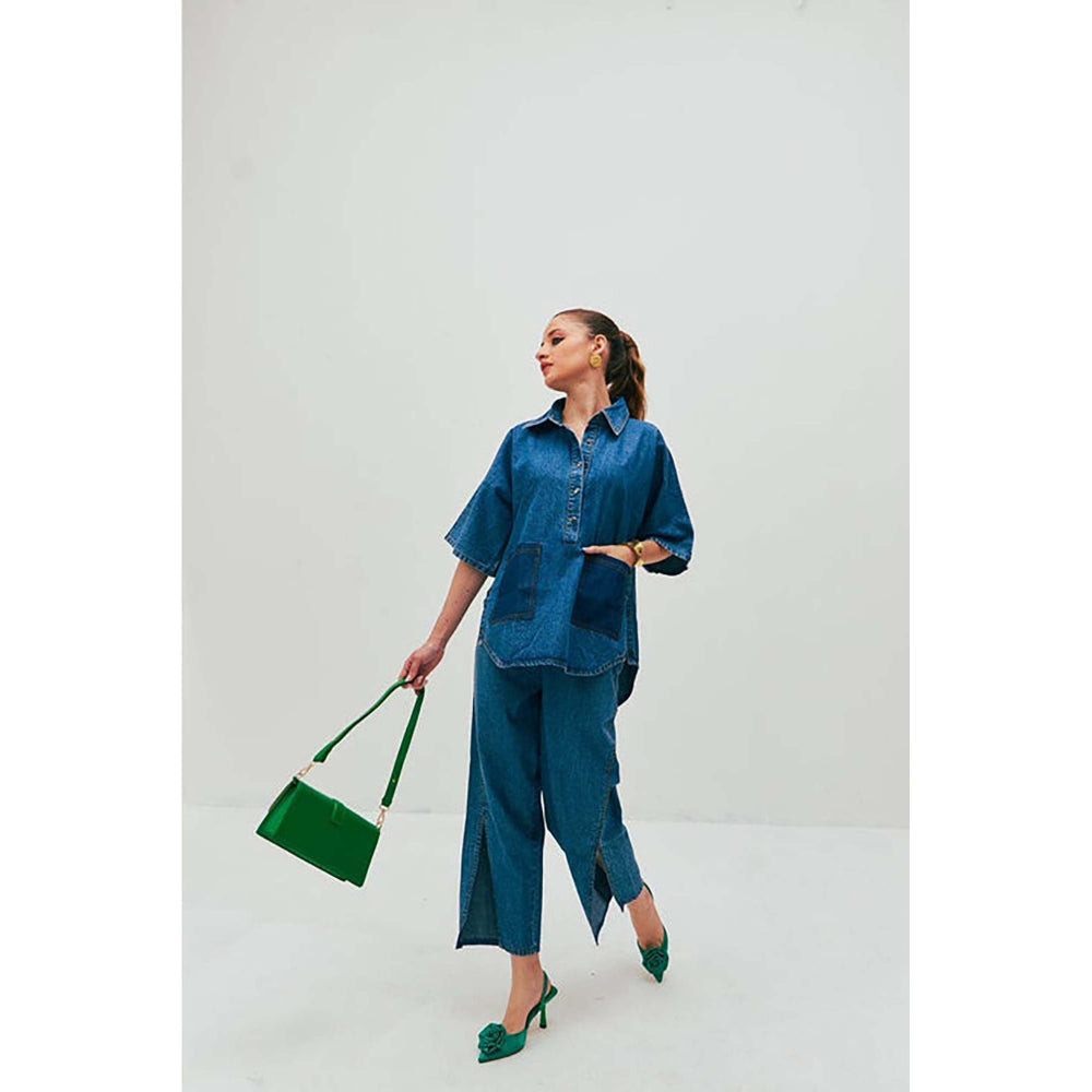 SPACE Dolla Blue Natural Cotton Pocketed Mid Length Co-Ord Set