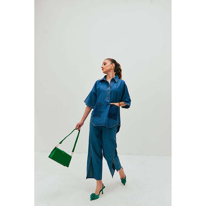 SPACE Dolla Blue Natural Cotton Pocketed Mid Length Co-Ord Set