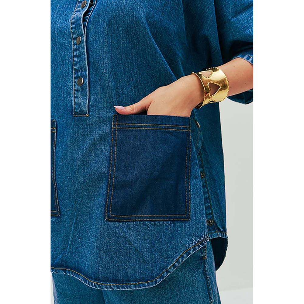 SPACE Dolla Blue Natural Cotton Pocketed Mid Length Co-Ord Set