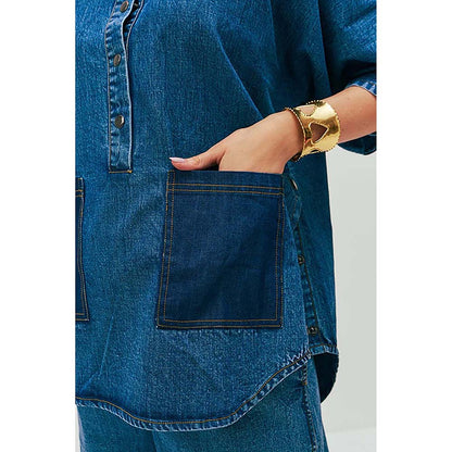 SPACE Dolla Blue Natural Cotton Pocketed Mid Length Co-Ord Set