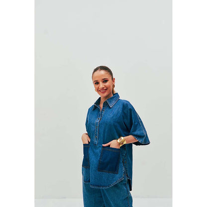 SPACE Dolla Blue Natural Cotton Pocketed Mid Length Co-Ord Set