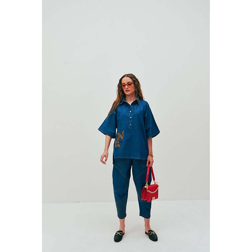 SPACE Ikigai Two Piece Blue Mid Length Top And Elastic Tapered Pant