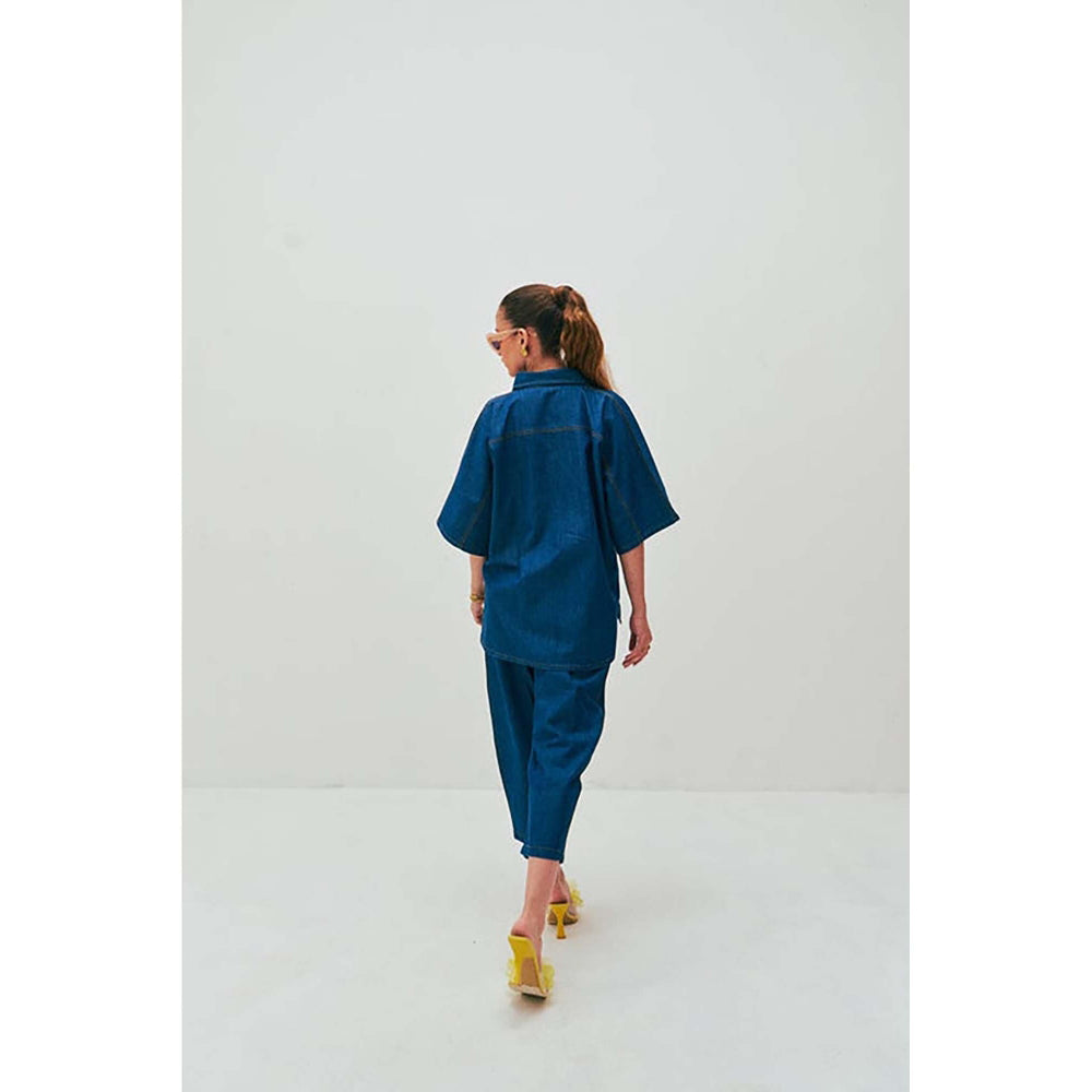 SPACE Ikigai Two Piece Blue Mid Length Top And Elastic Tapered Pant