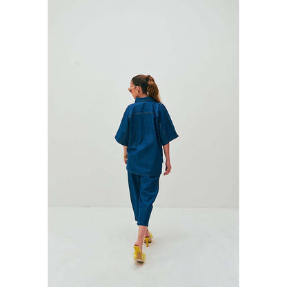 SPACE Ikigai Two Piece Blue Mid Length Top And Elastic Tapered Pant