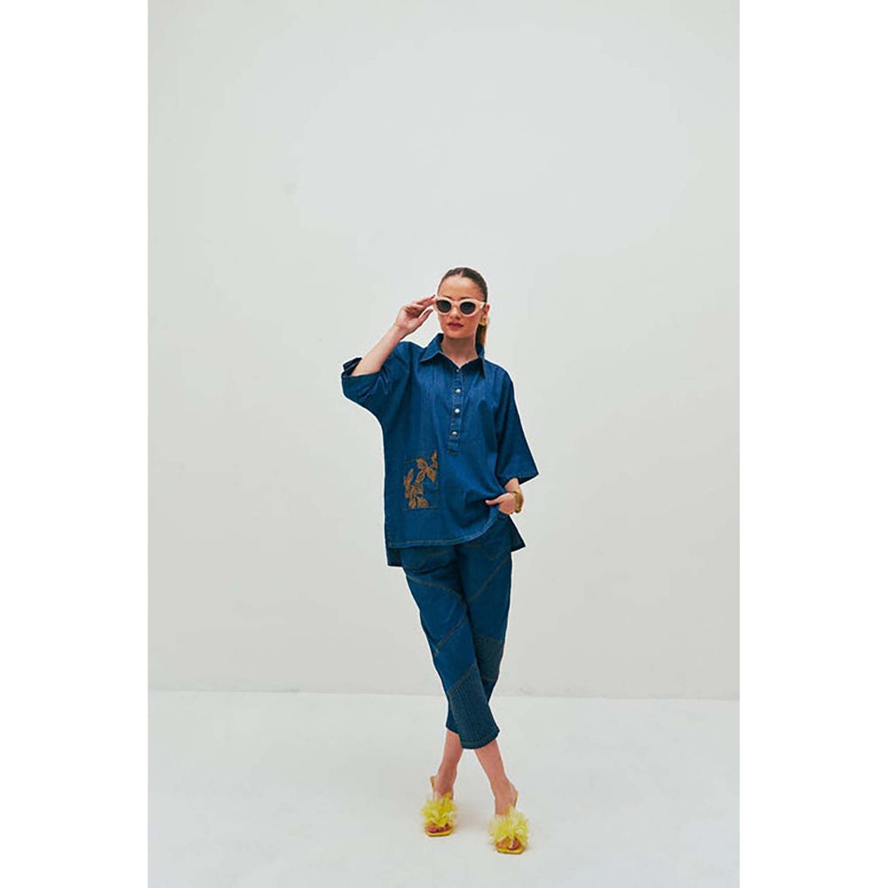 SPACE Ikigai Two Piece Blue Mid Length Top And Elastic Tapered Pant