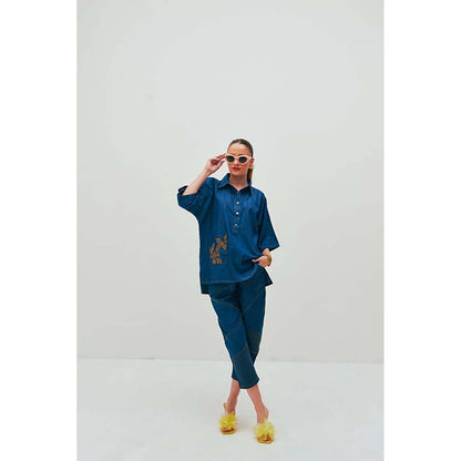 SPACE Ikigai Two Piece Blue Mid Length Top And Elastic Tapered Pant