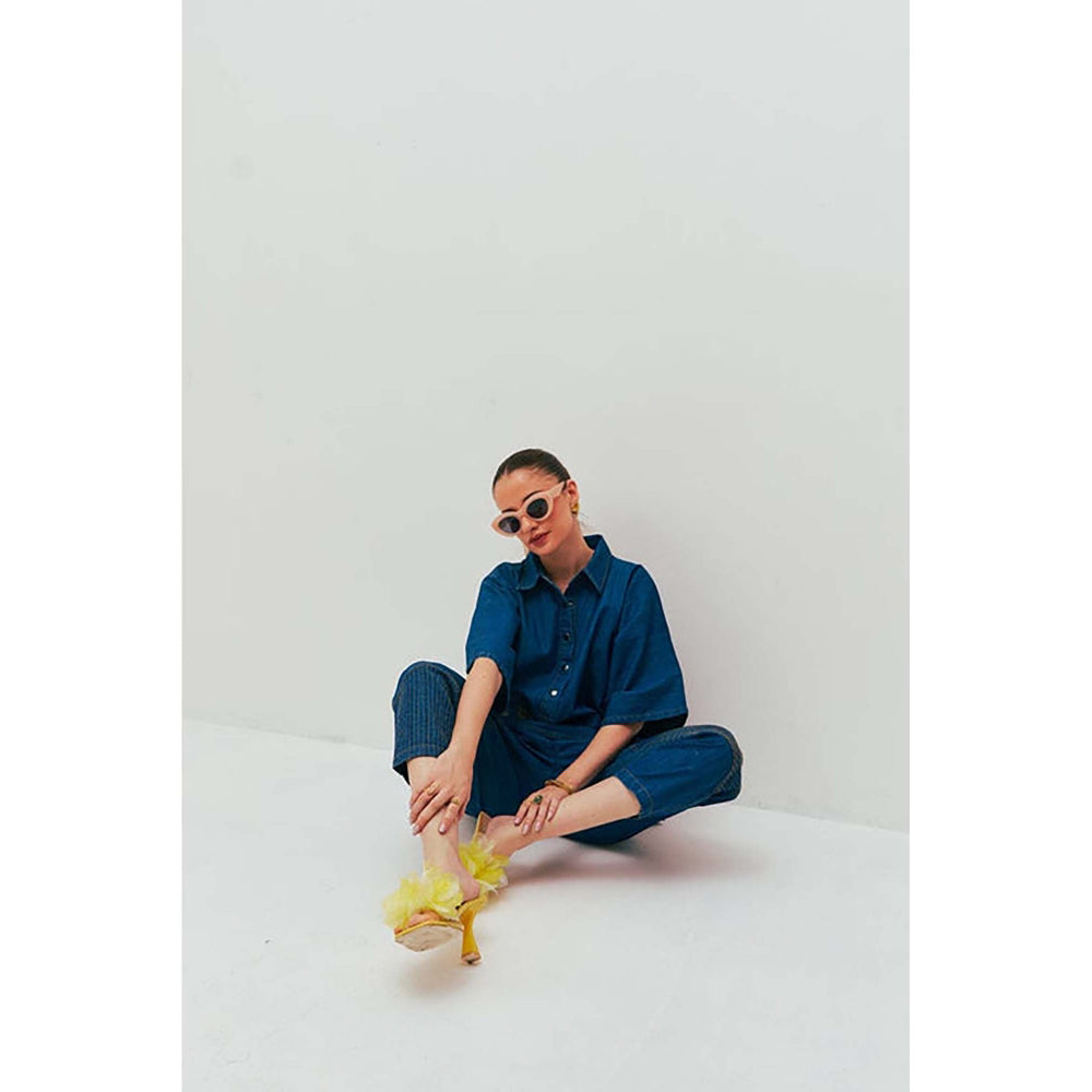 SPACE Ikigai Two Piece Blue Mid Length Top And Elastic Tapered Pant