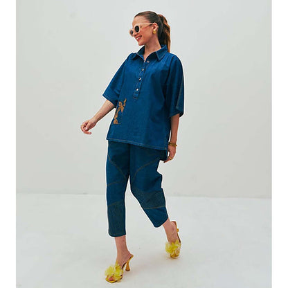 SPACE Ikigai Two Piece Blue Mid Length Top And Elastic Tapered Pant