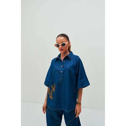 SPACE Ikigai Two Piece Blue Mid Length Top And Elastic Tapered Pant