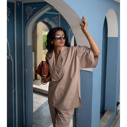 SPACE Makkhan Women Beige Natural Cotton Poplin Co-Ord Set