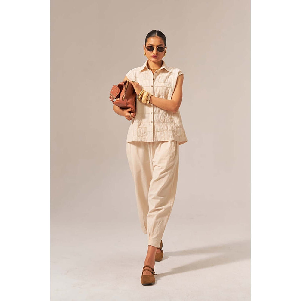 SPACE Oversized Kala Beige Cotton Sleeveless Shirt And Elasticated Pant