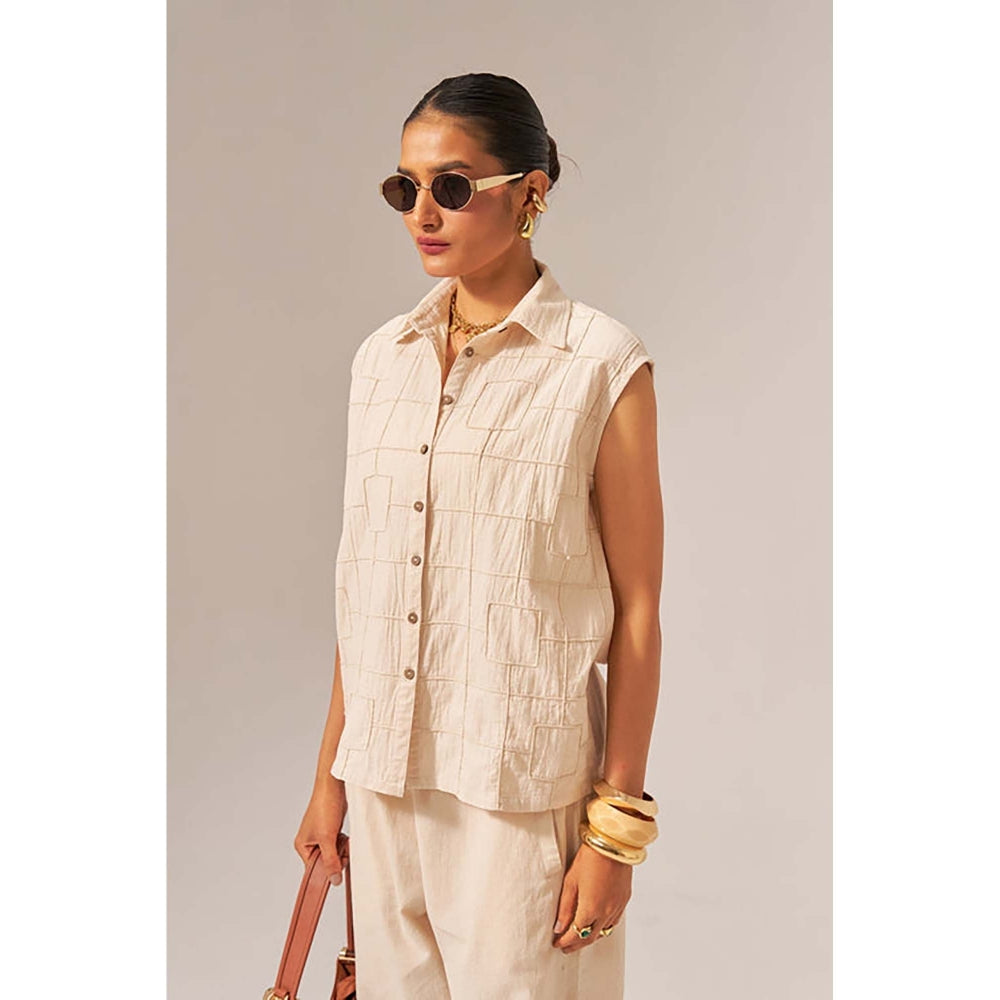 SPACE Oversized Kala Beige Cotton Sleeveless Shirt And Elasticated Pant