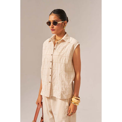 SPACE Oversized Kala Beige Cotton Sleeveless Shirt And Elasticated Pant