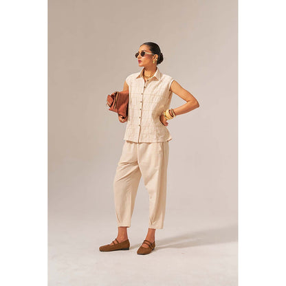 SPACE Oversized Kala Beige Cotton Sleeveless Shirt And Elasticated Pant
