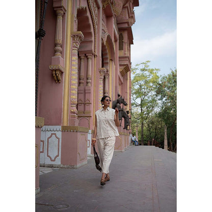 SPACE Oversized Kala Beige Cotton Sleeveless Shirt And Elasticated Pant