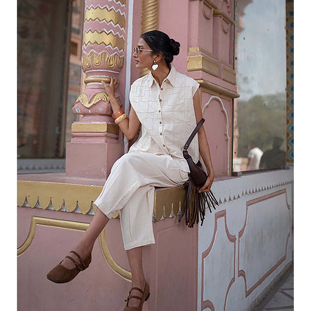 SPACE Oversized Kala Beige Cotton Sleeveless Shirt And Elasticated Pant