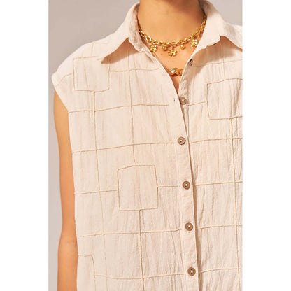 SPACE Oversized Kala Beige Cotton Sleeveless Shirt And Elasticated Pant