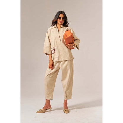 SPACE Giza Beige Co-Ord Set Made With Cotton Shirt And Pant