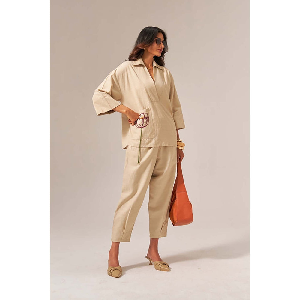 SPACE Giza Beige Co-Ord Set Made With Cotton Shirt And Pant