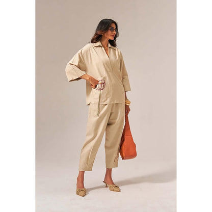SPACE Giza Beige Co-Ord Set Made With Cotton Shirt And Pant