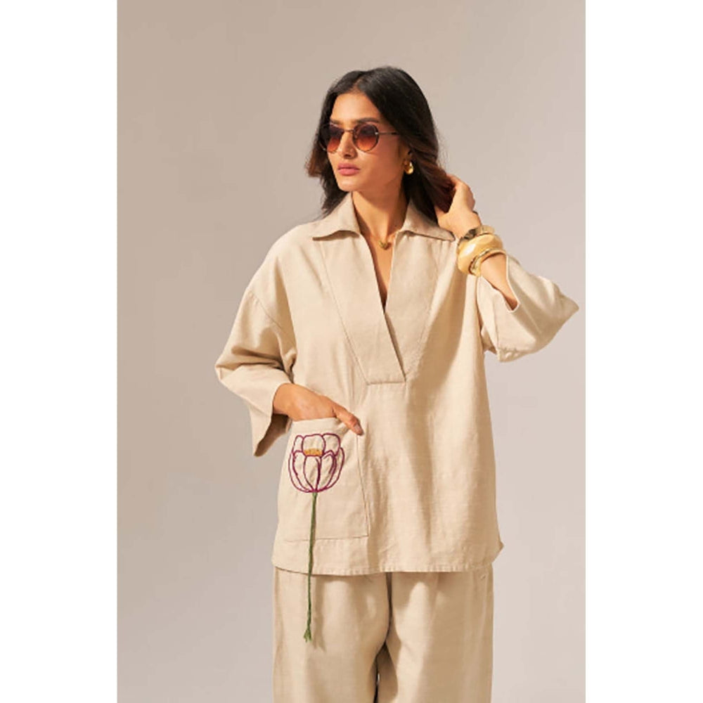 SPACE Giza Beige Co-Ord Set Made With Cotton Shirt And Pant