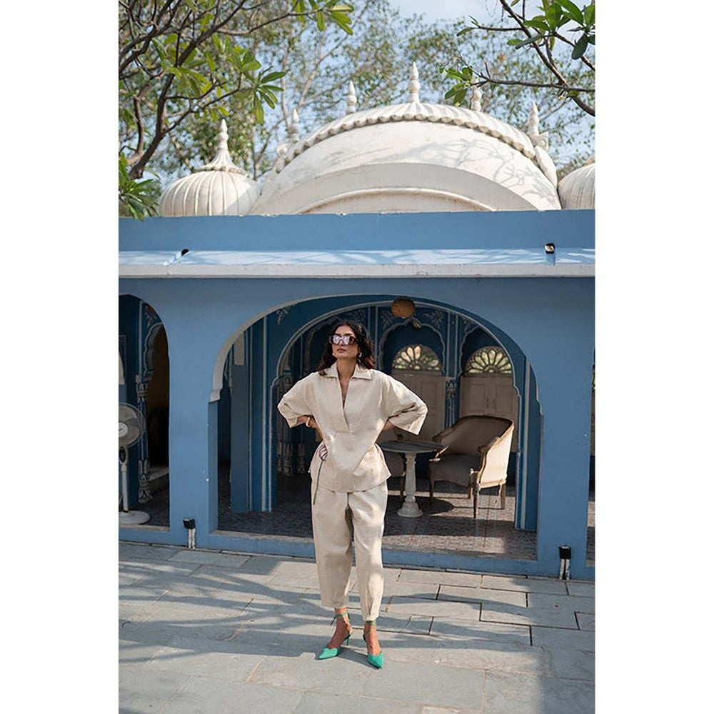 SPACE Giza Beige Co-Ord Set Made With Cotton Shirt And Pant
