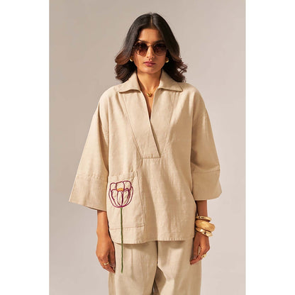SPACE Giza Beige Co-Ord Set Made With Cotton Shirt And Pant
