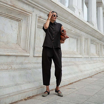 SPACE Oversized Kala Brown Cotton Chaand Sleeveless Shirt And Elasticated Waist Pant