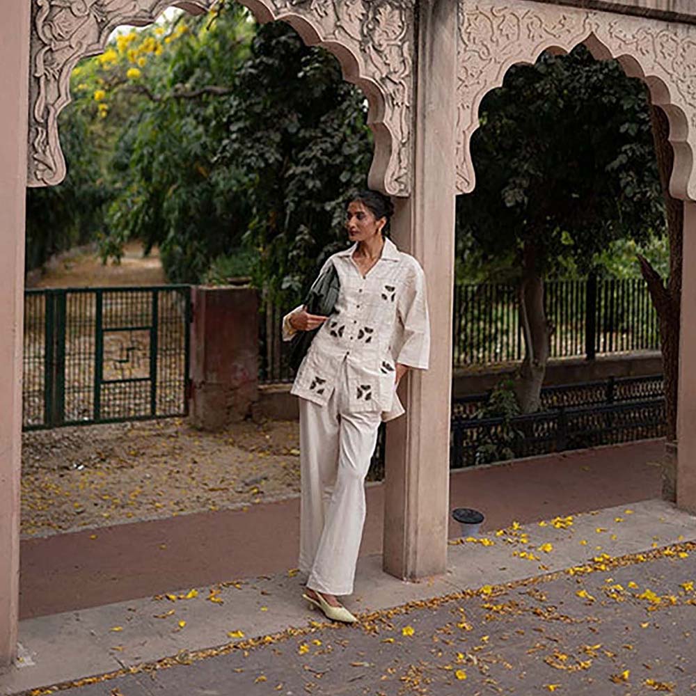 SPACE Oversized Kala Cotton Beige Shirt with Elasticated Waist Pant