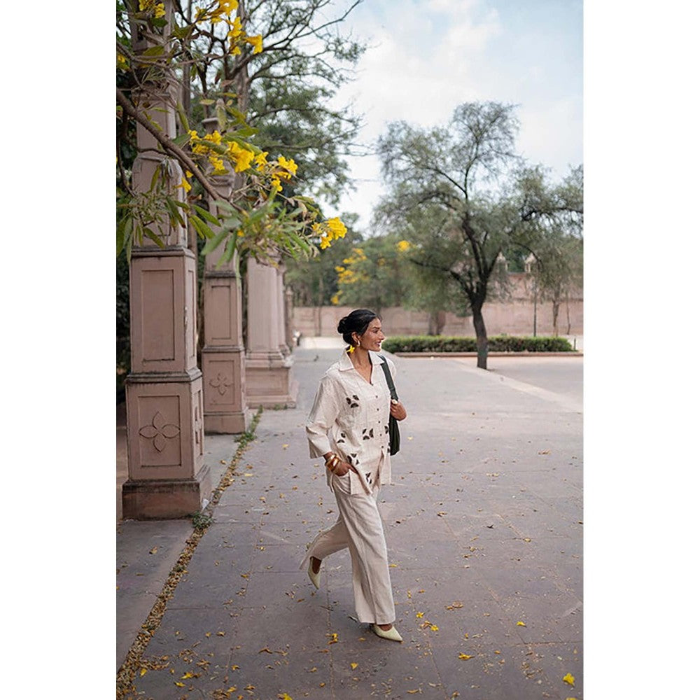 SPACE Oversized Kala Cotton Beige Shirt with Elasticated Waist Pant
