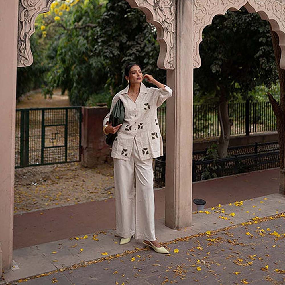 SPACE Oversized Kala Cotton Beige Shirt with Elasticated Waist Pant