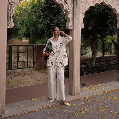 SPACE Oversized Kala Cotton Beige Shirt with Elasticated Waist Pant