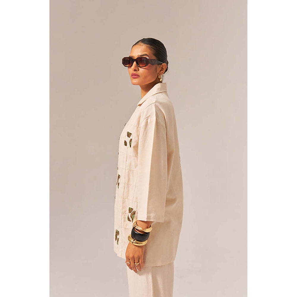 SPACE Oversized Kala Cotton Beige Shirt with Elasticated Waist Pant