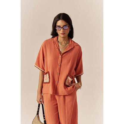 SPACE Crochet Details Orange Shirt & Pant