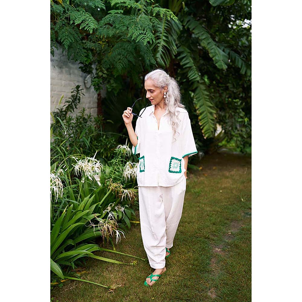 SPACE Crochet Details White Top And Barrel Style Pant