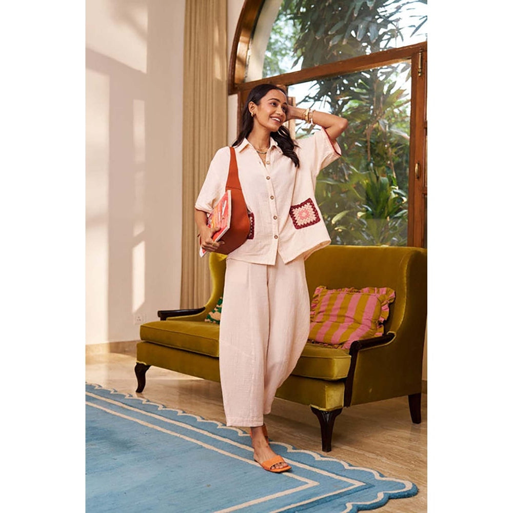 SPACE Crochet Details Cream Tuscan Top And Barrel Style Pant