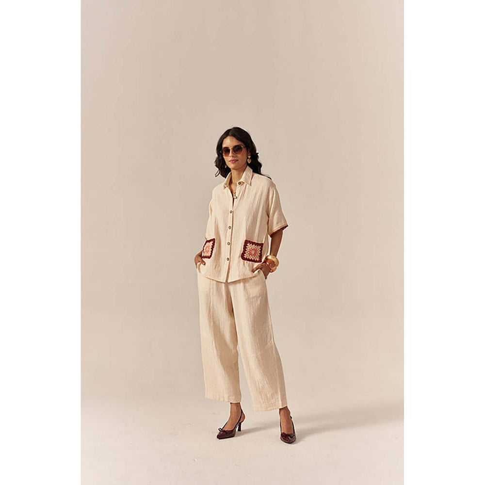 SPACE Crochet Details Cream Tuscan Top And Barrel Style Pant
