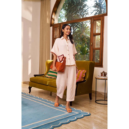 SPACE Crochet Details Cream Tuscan Top And Barrel Style Pant