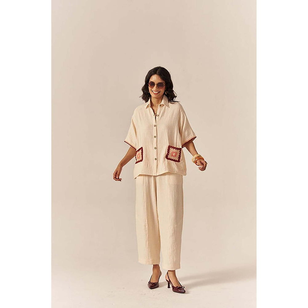 SPACE Crochet Details Cream Tuscan Top And Barrel Style Pant