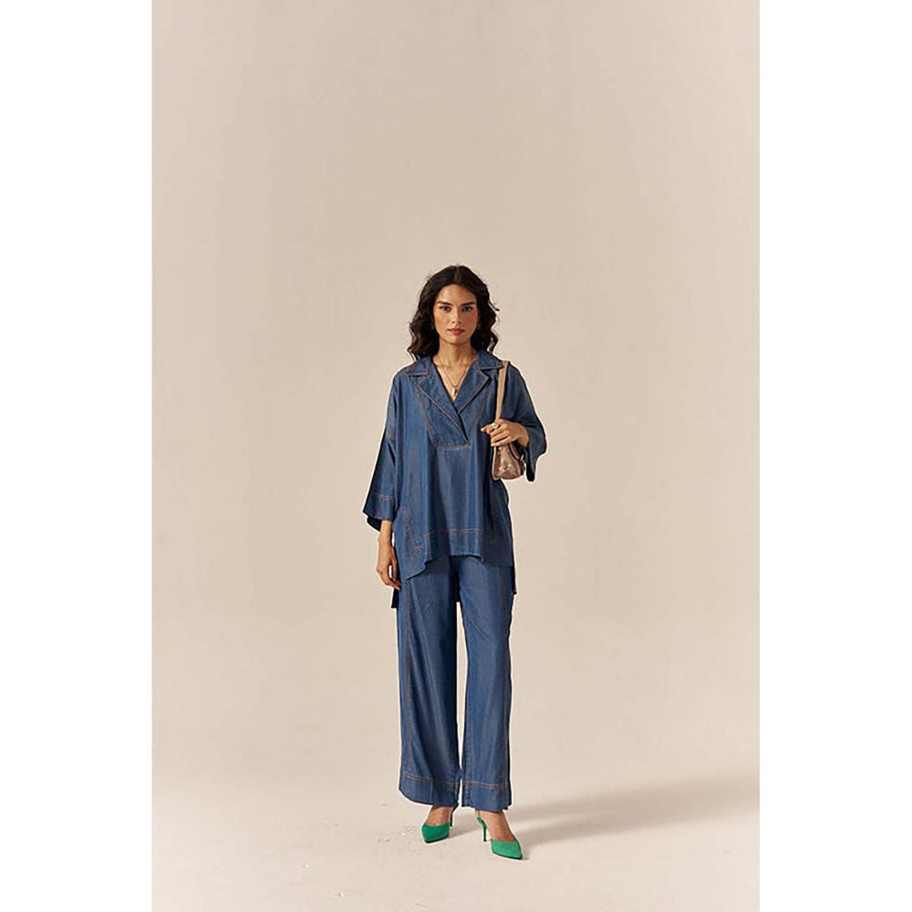 SPACE Premium Ecovera Blue Kaftan Style Shirt And Relaxed Baggy Pant