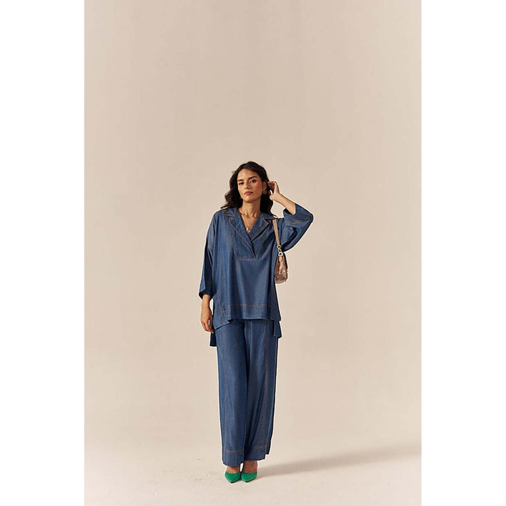 SPACE Premium Ecovera Blue Kaftan Style Shirt And Relaxed Baggy Pant