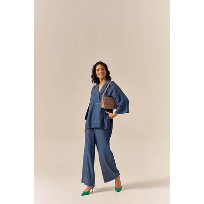SPACE Premium Ecovera Blue Kaftan Style Shirt And Relaxed Baggy Pant