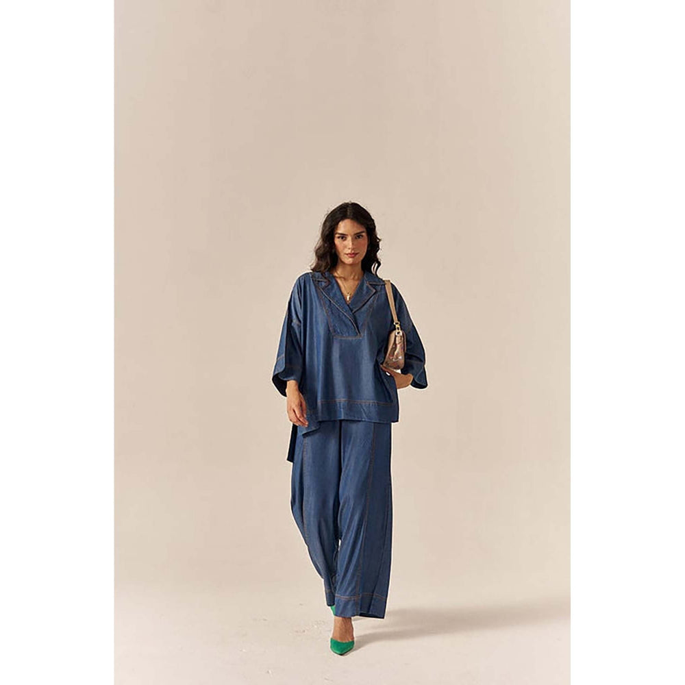 SPACE Premium Ecovera Blue Kaftan Style Shirt And Relaxed Baggy Pant
