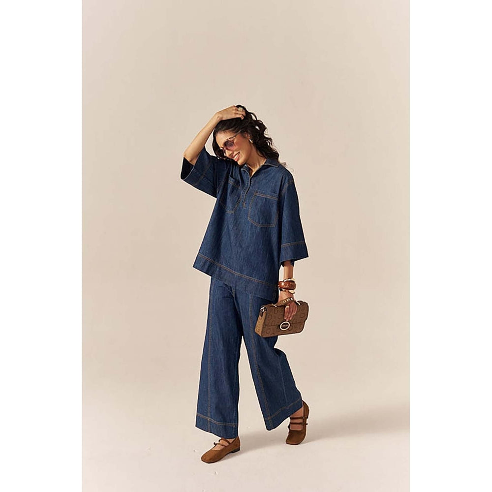 SPACE Collared Cotton Slub Blue Denim Shirt With Flared Pant