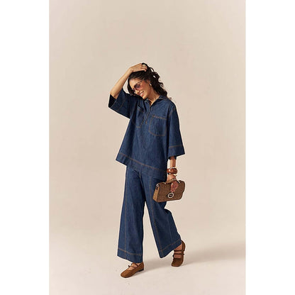 SPACE Collared Cotton Slub Blue Denim Shirt With Flared Pant