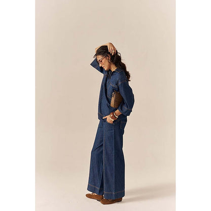 SPACE Collared Cotton Slub Blue Denim Shirt With Flared Pant